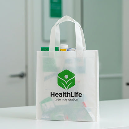 White tote bag with HealthLife logo on a white surface