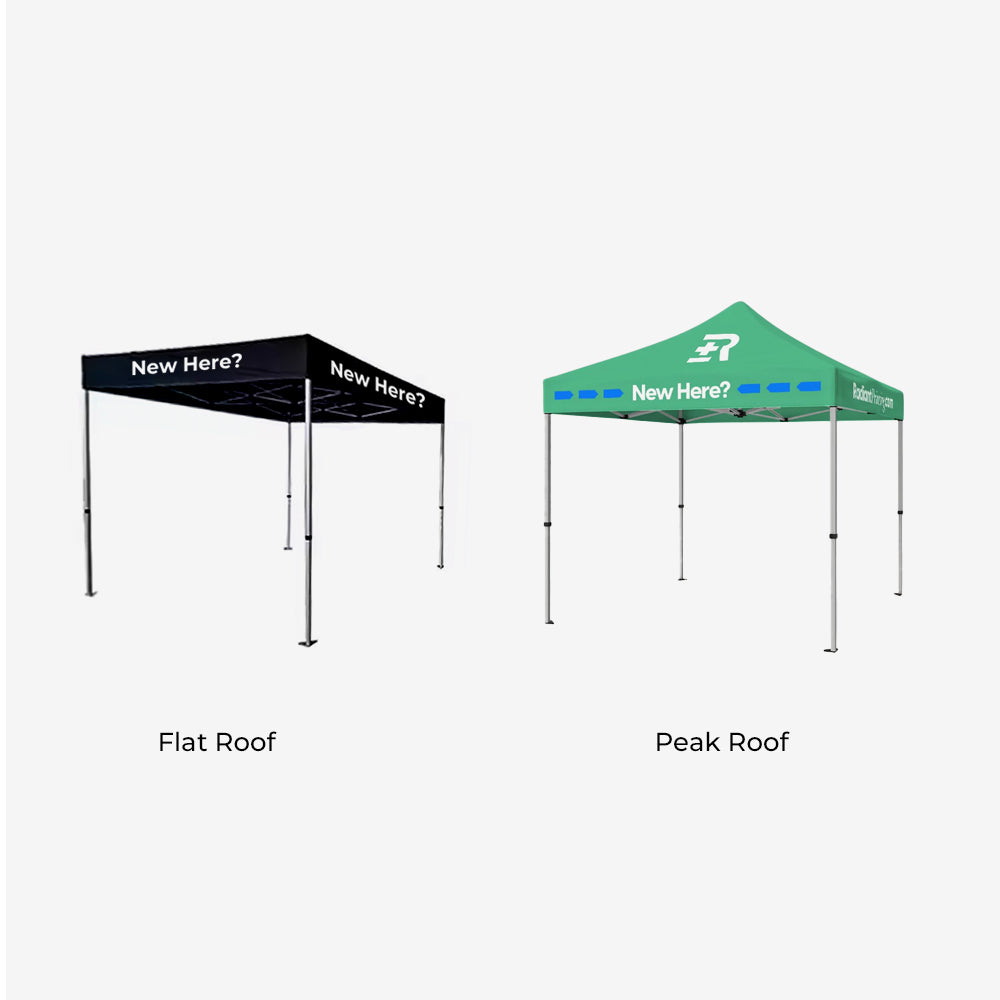 Two pop-up tents labeled 'Flat Roof' and 'Peak Roof' on a white background.