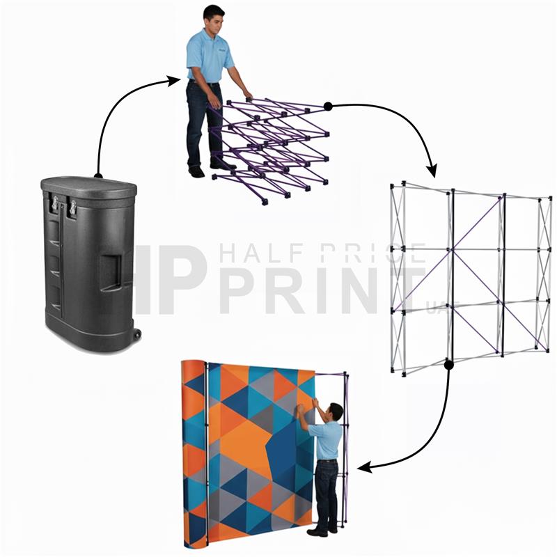 Collapsible display stand with storage container and people using it on a white background.