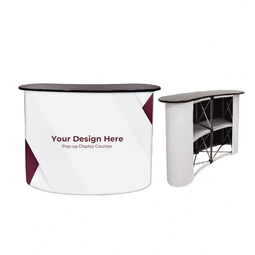 A pop-up display counter with a white surface and red and gray accents, with spaces for branding and storage, designed for use at trade shows and events.