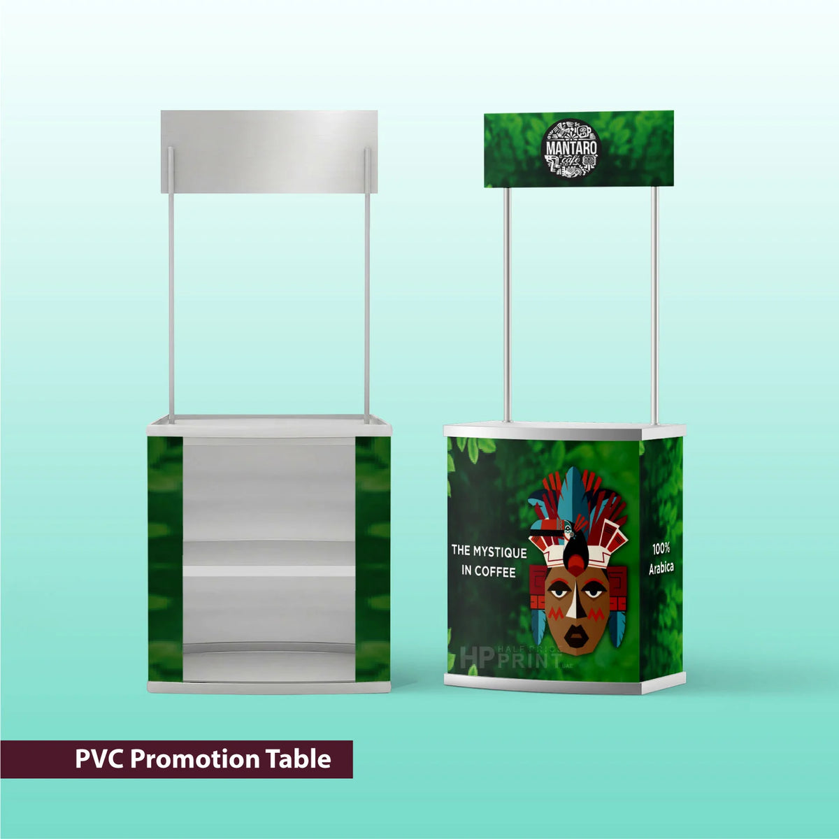 PVC promotion table with green and white design on a light blue background