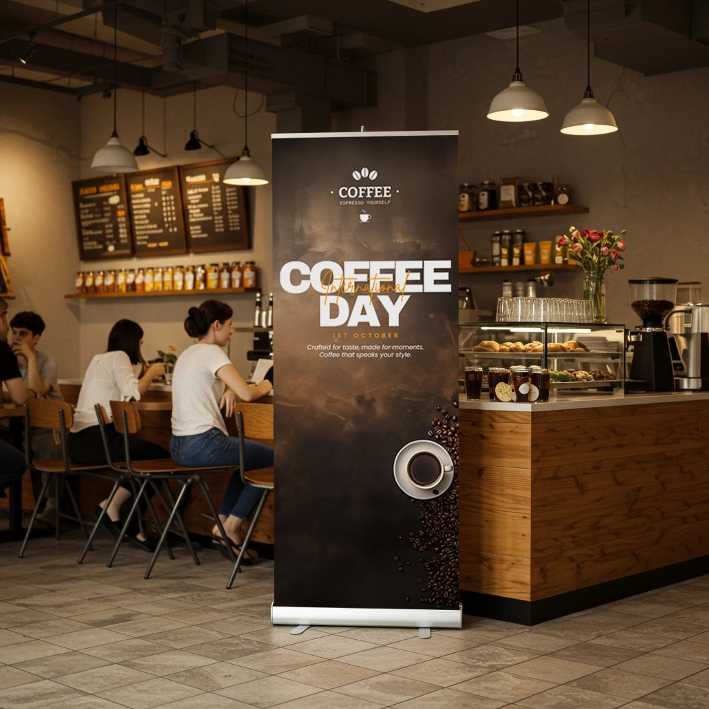 A roll up banner with the text 'COFFEE DAY' displayed in a coffee shop, featuring a dark color scheme with coffee-related imagery.