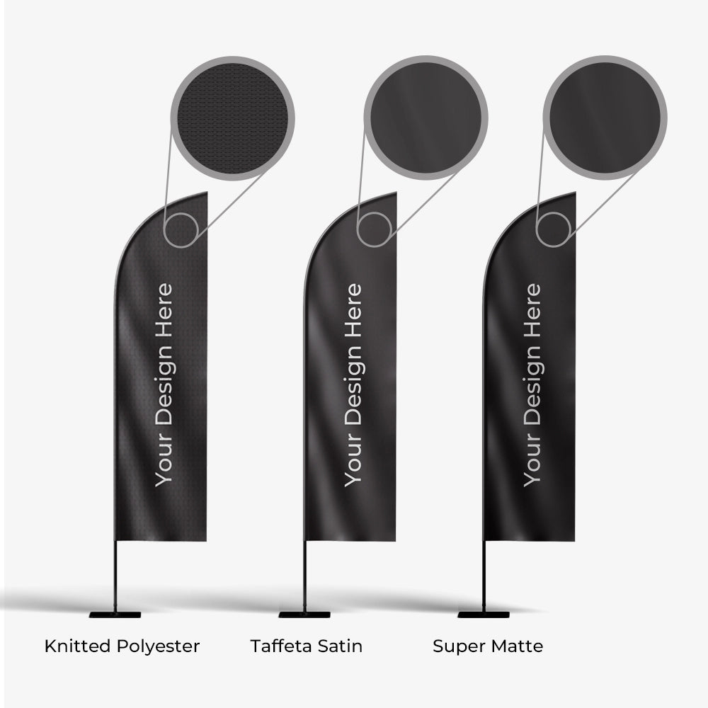 Three black feather flags with text placeholder on a white background