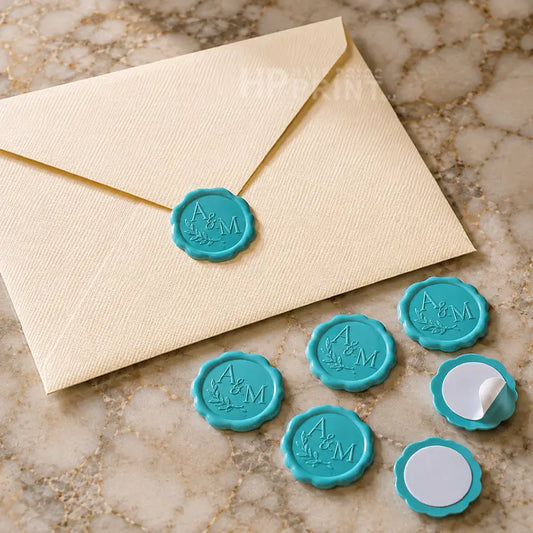 A cream-colored textured envelope with a teal wax seal embossed with 'A&M' and a tree motif, arranged on a beige marble surface with several matching teal wax seals, one showing the white backing.