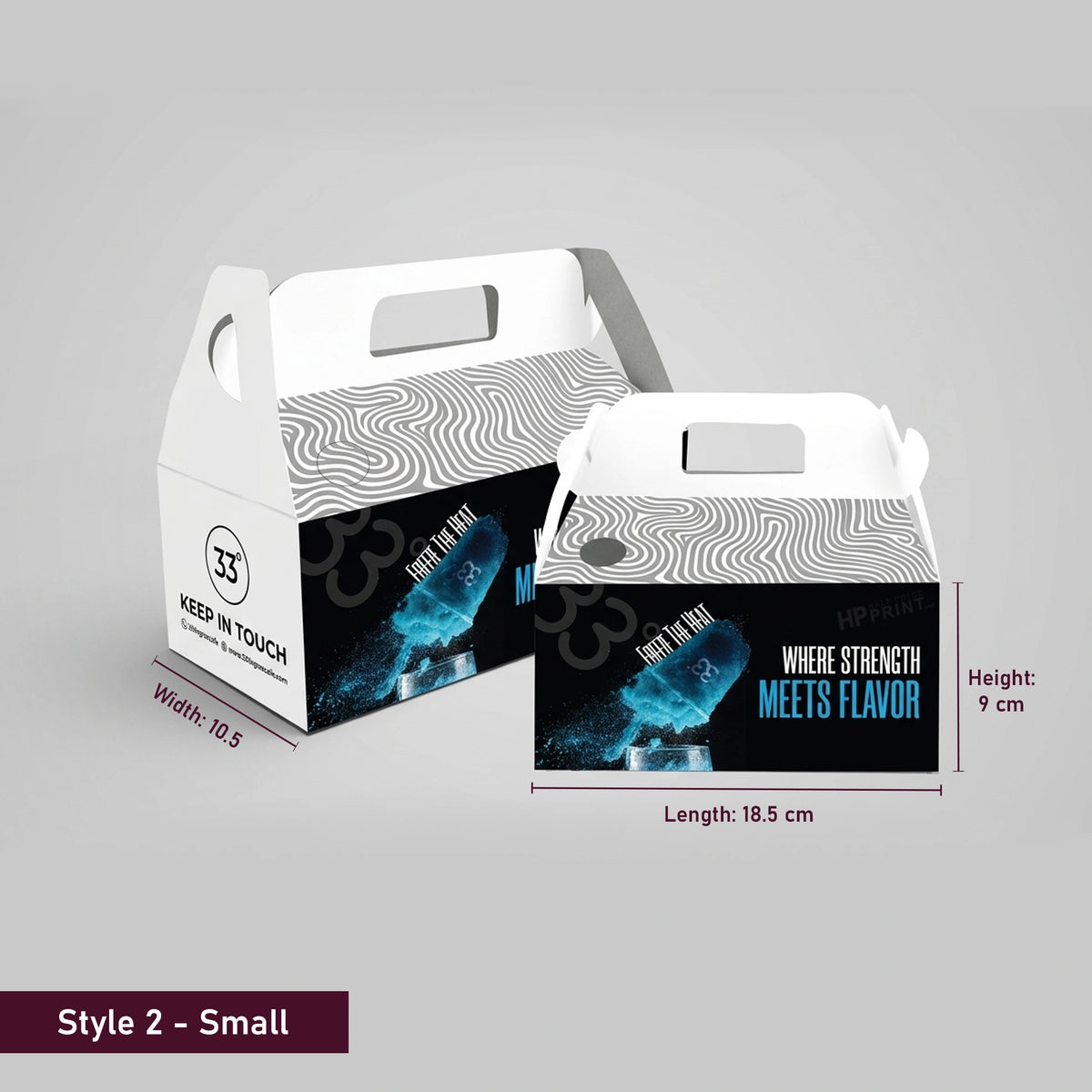 Small gable packaging box with printed design and dimensions on a gray background