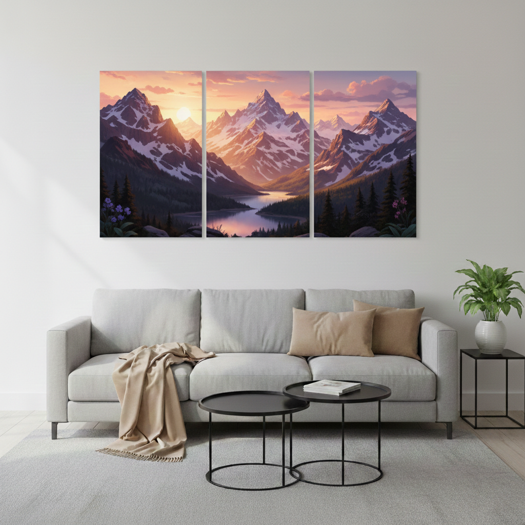 split canvas of mountain landscape painting above a gray sofa in a living room.