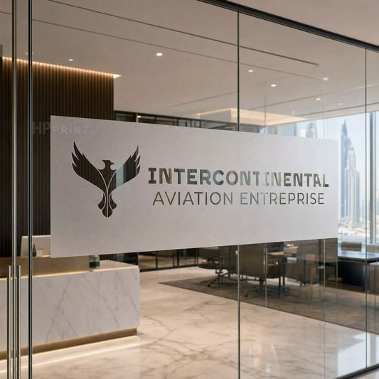 Glass door with 'Intercontinental Aviation Entreprise' logo in an office setting