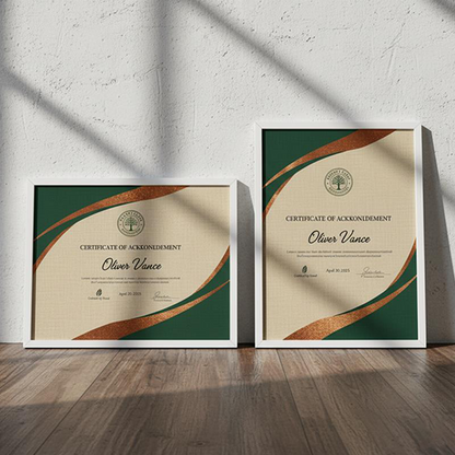 Two framed certificates with green and gold design on a wooden floor and light gray wall background.