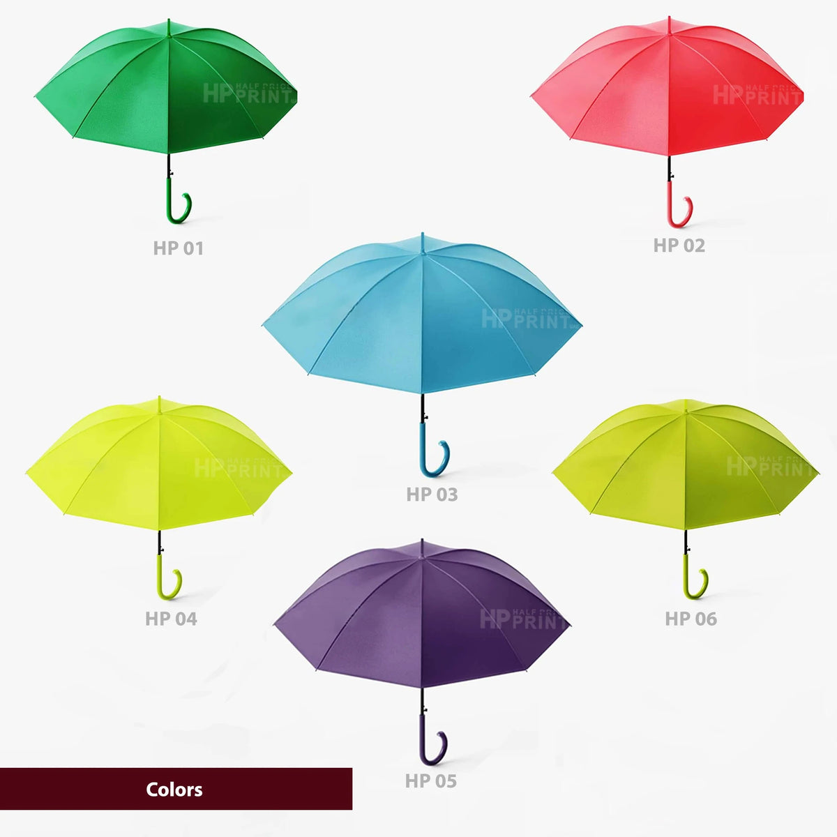 Set of colorful umbrellas with HP branding on a white background