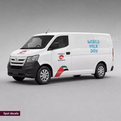 Spot Decals on white van with 'World Milk Day' and Almarai branding
