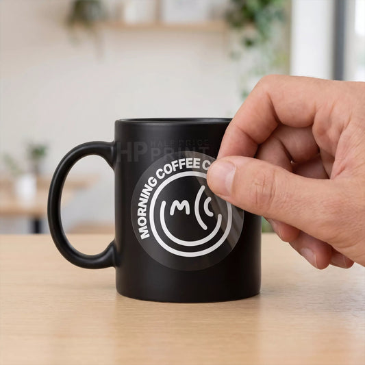 black mug with white inked sticker
