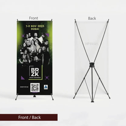 Promotional X banner with event details on a stand, front and back views.